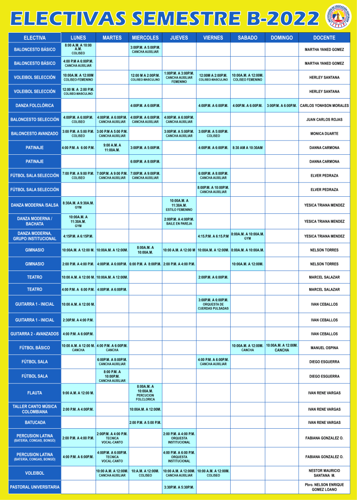 Horaro electivas sem B 2022
